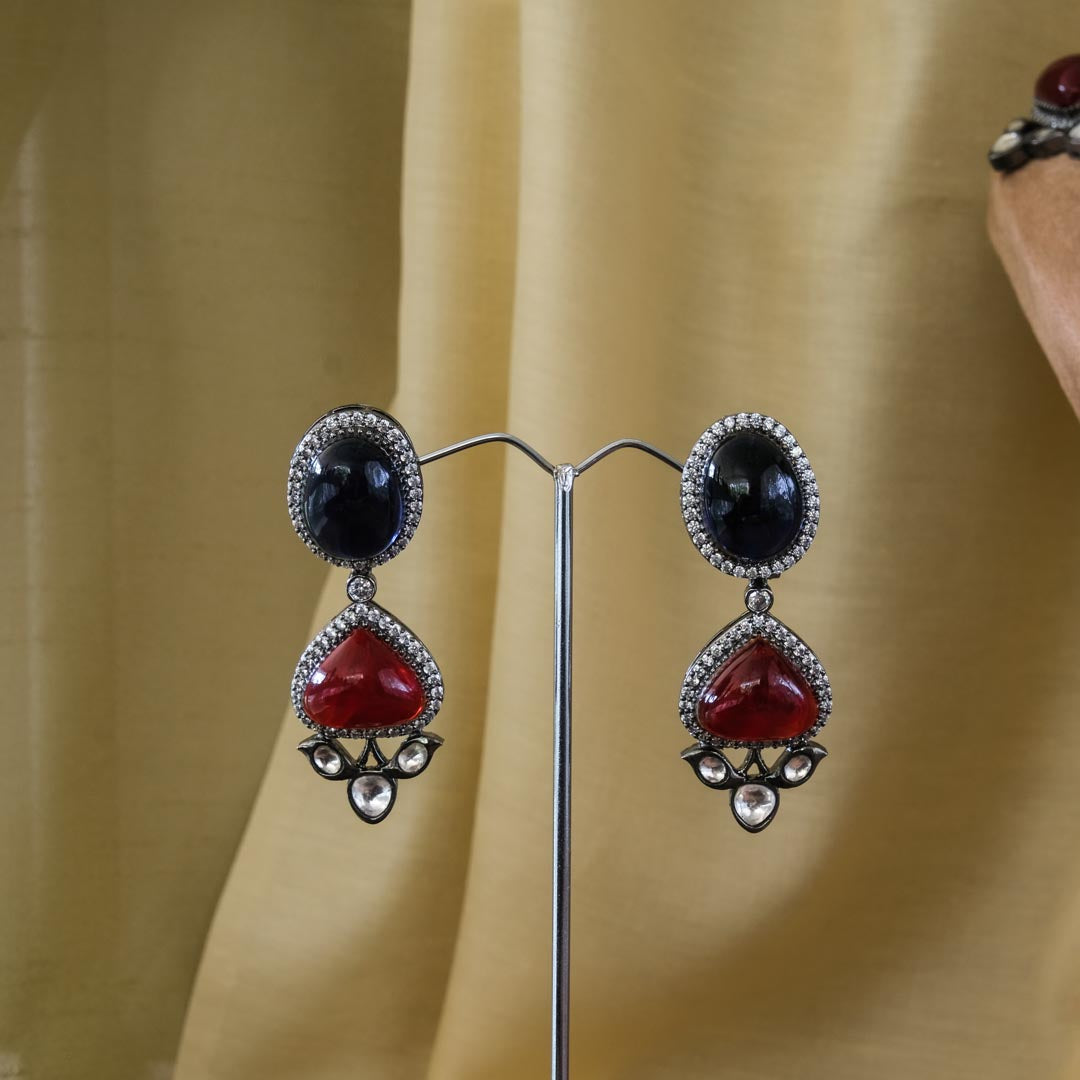 Chunky Red and Blue Stone Black Plated Exquisite Kundan Necklace Set