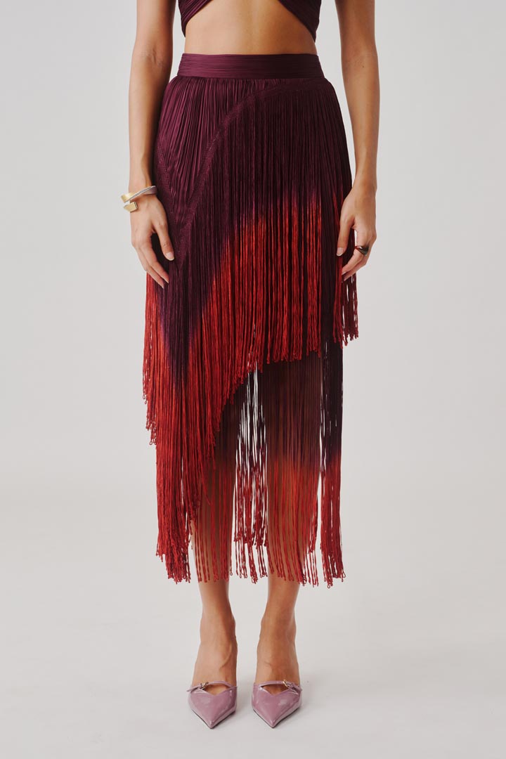 Burnt Wine Fringe Skirt