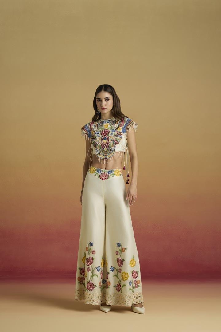 Ivory Chanderi Applique Embellished Yoke Top - Designer Ethnic Wear