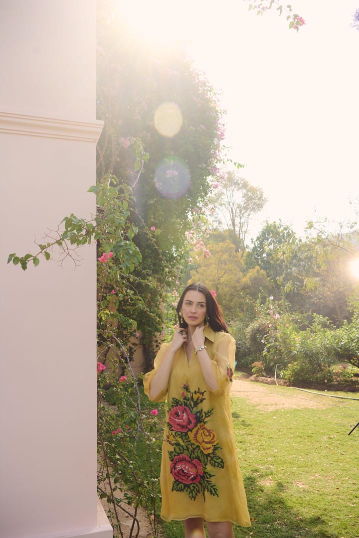 MUSTARD ORGANZA CROSS STITCH DRESS