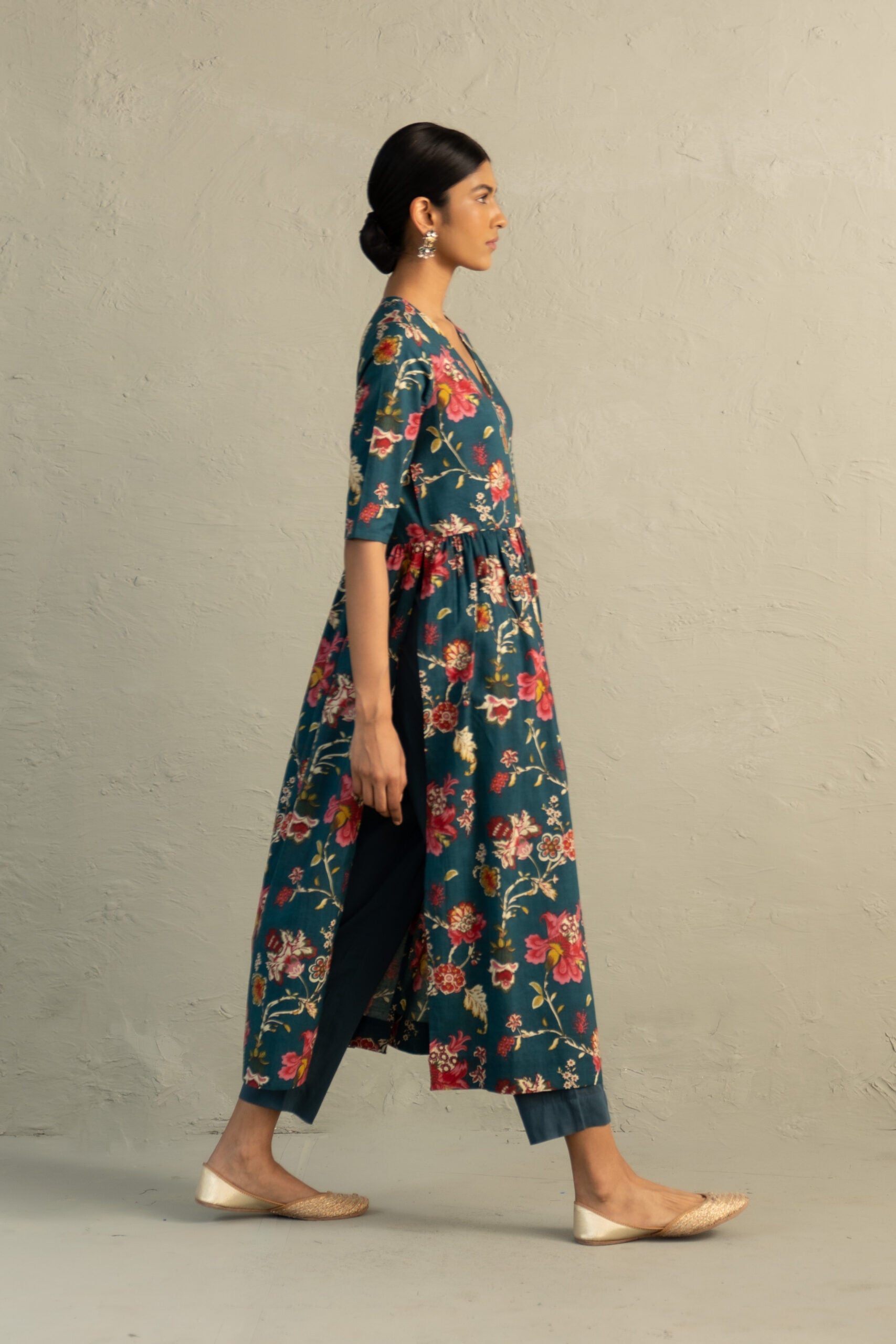 Teal Phool Dori Angrakha Straight Kurta Set