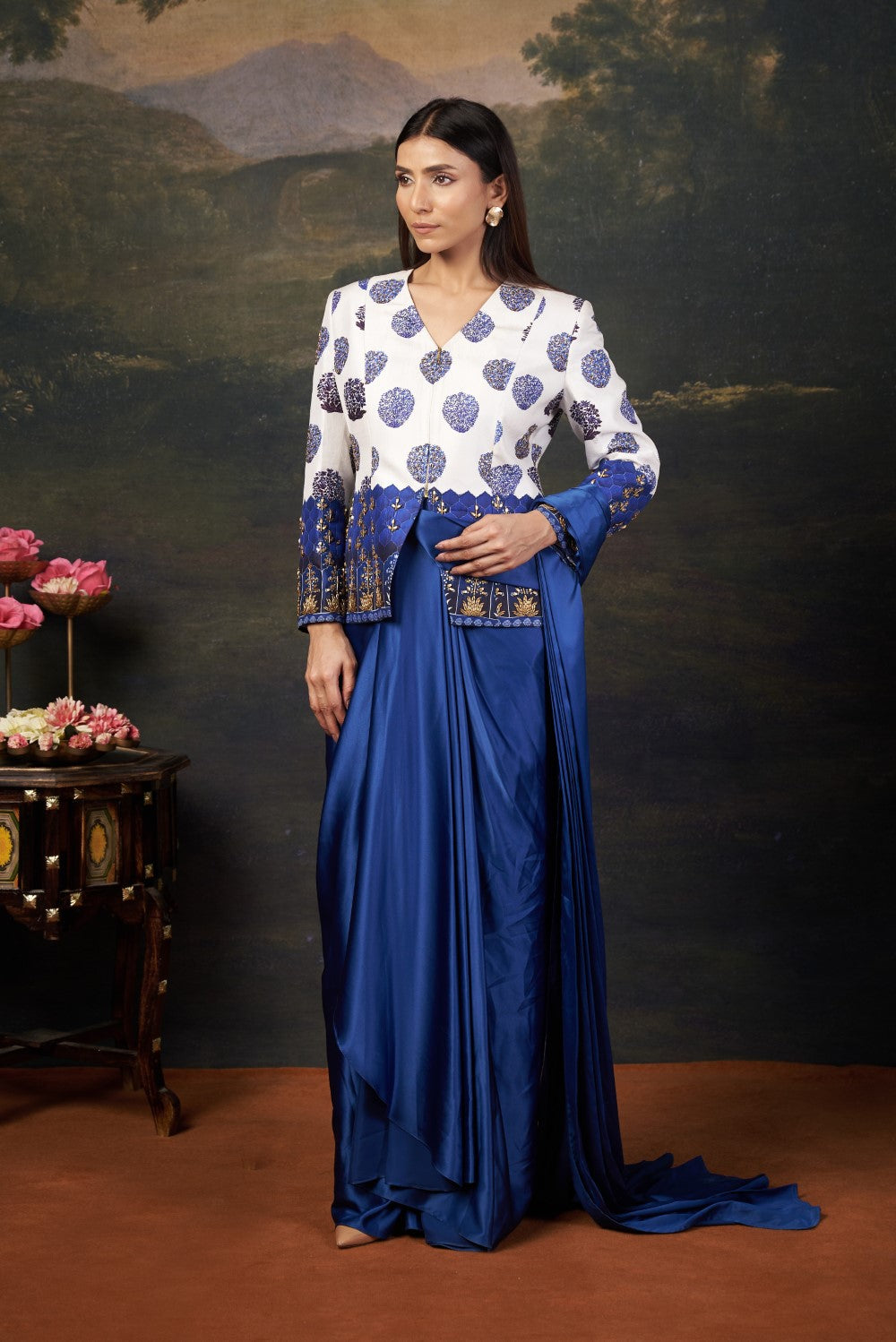Hand Embroidered Coat with Pre-Draped Saree