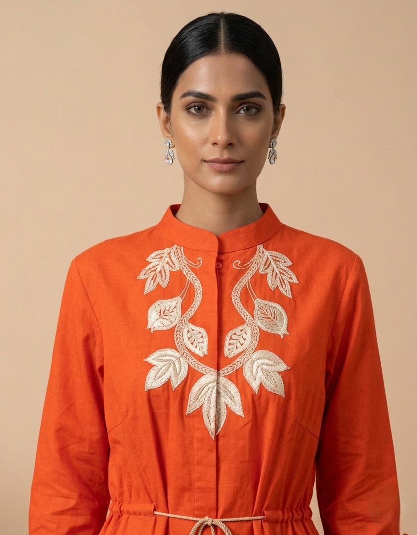THETAA Iraaya - Embroidered vermilion shirt dress