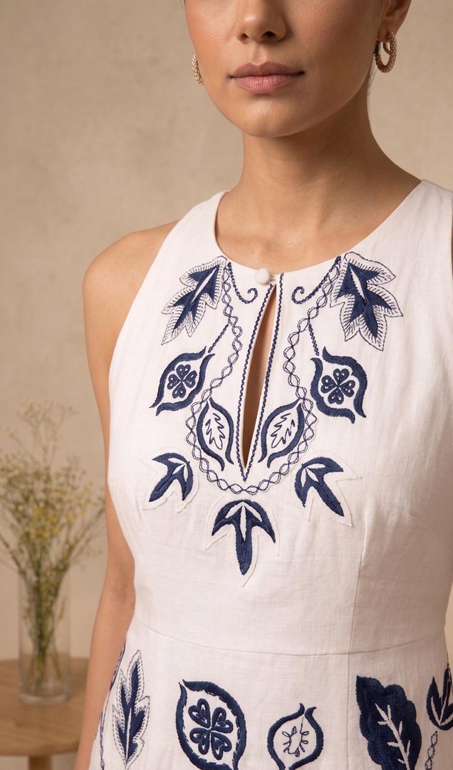 THETAA Indira  Embroidered Cotton Linen Dress