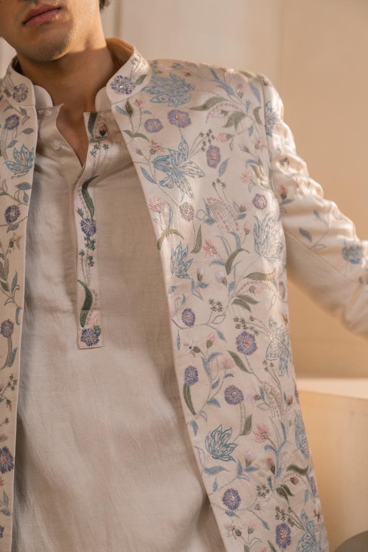 Silver veil linen silk short jacket set