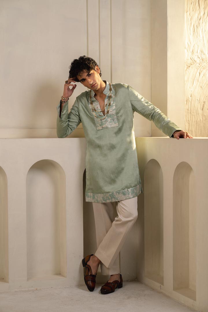 Mint Green Linen Silk Kurta Set with dupatta