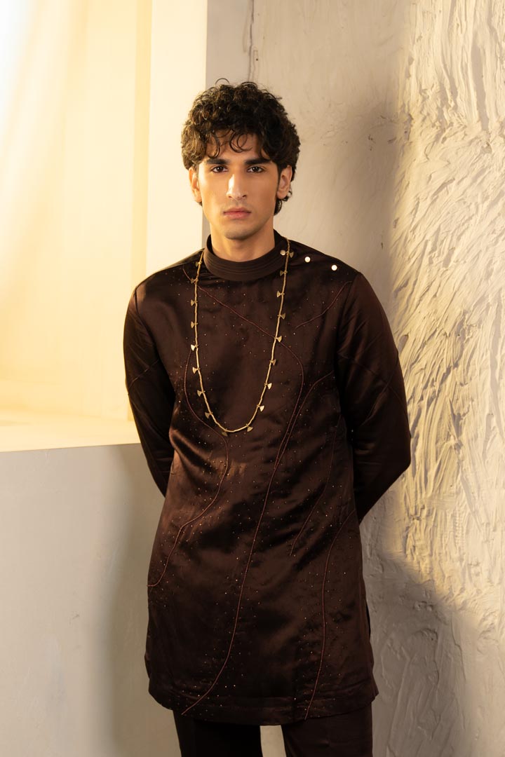 dark brown linen silk embroidered kurta set