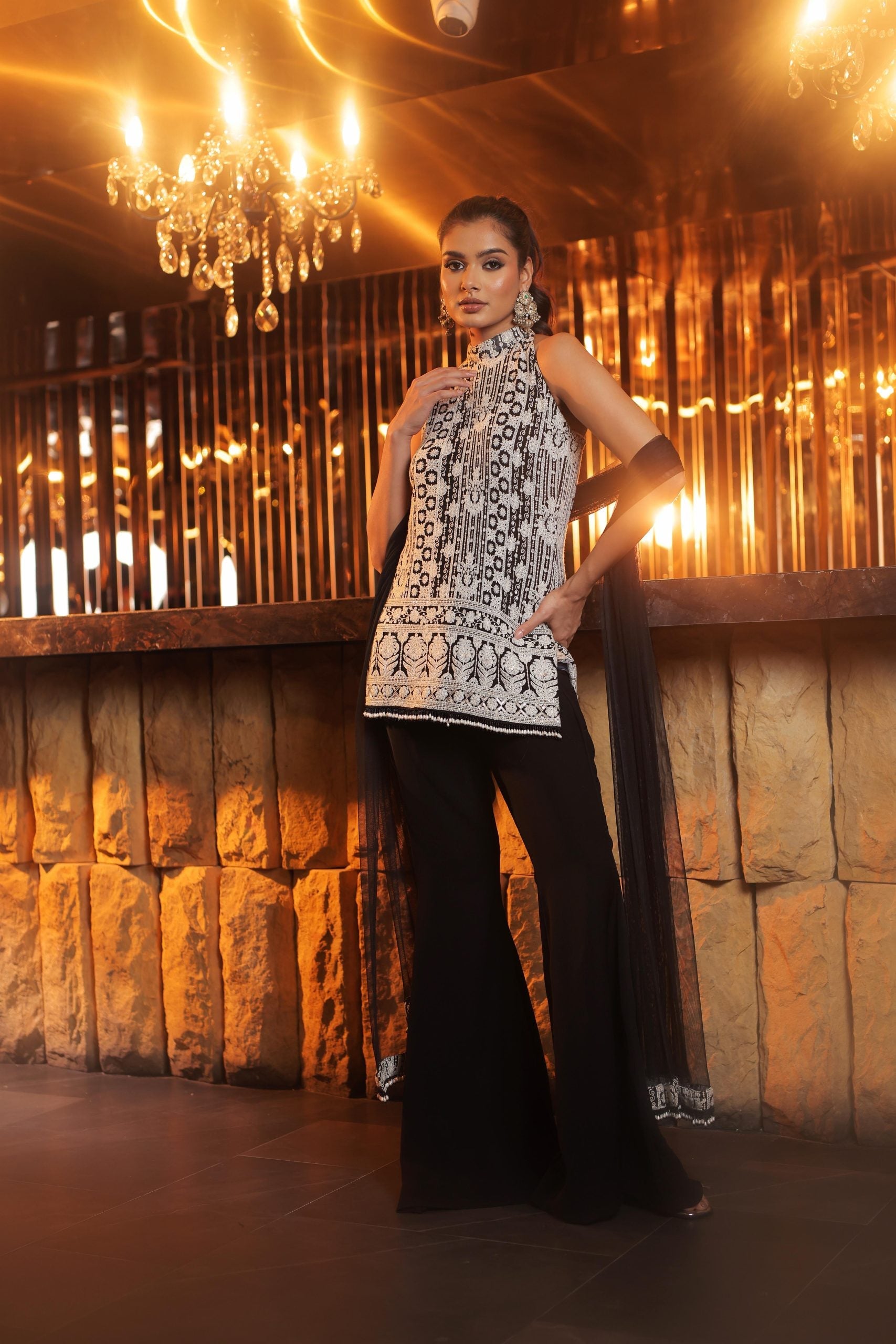 Black and white thread work kurta with flared trousers