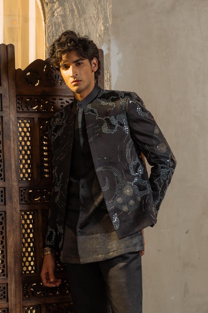 Charcoal Grey Metallic work short jacket set