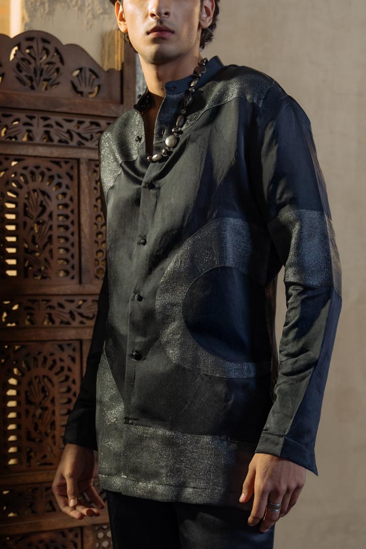 Charcoal gray kurta with Metallic patchwork and straight trousers.