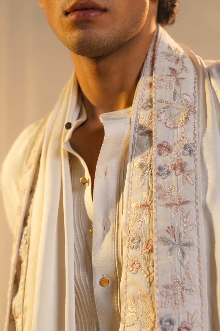 Ivory silk hand painted and hand embroidered sherwani set
