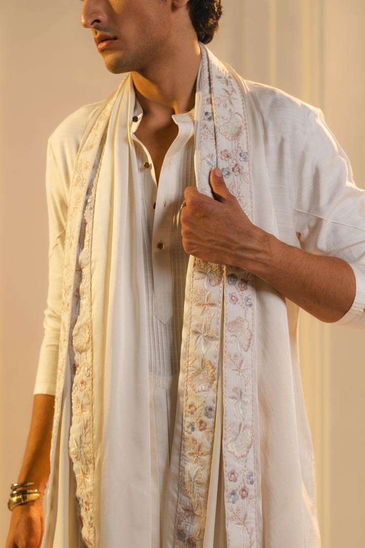 Ivory silk hand painted and hand embroidered kurta set