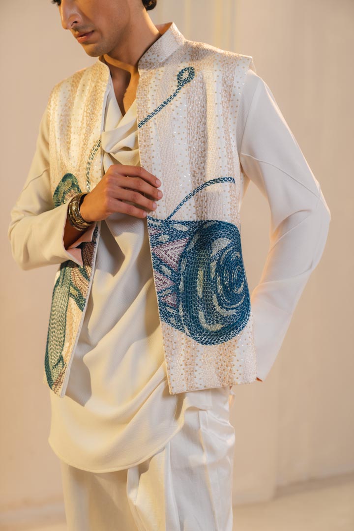 ivory hand embroidered nehru jacket set