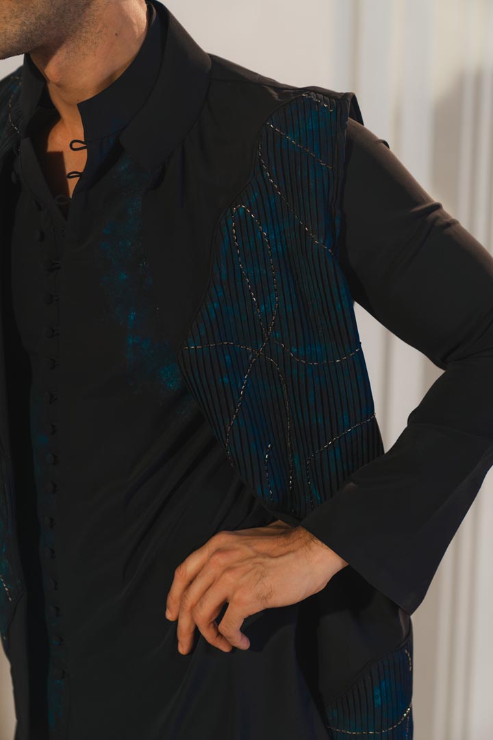 Midnight blue handpaint painted nehru jacket set