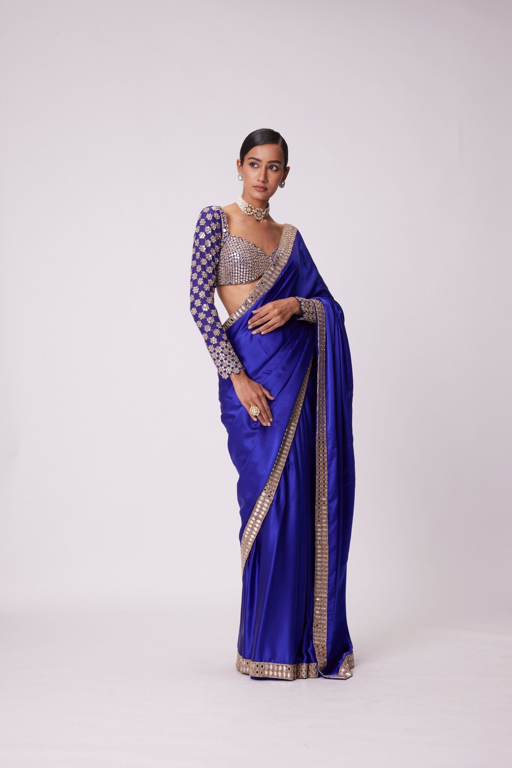 Image of PERSIAN  BLUE SATIN SAREE SET