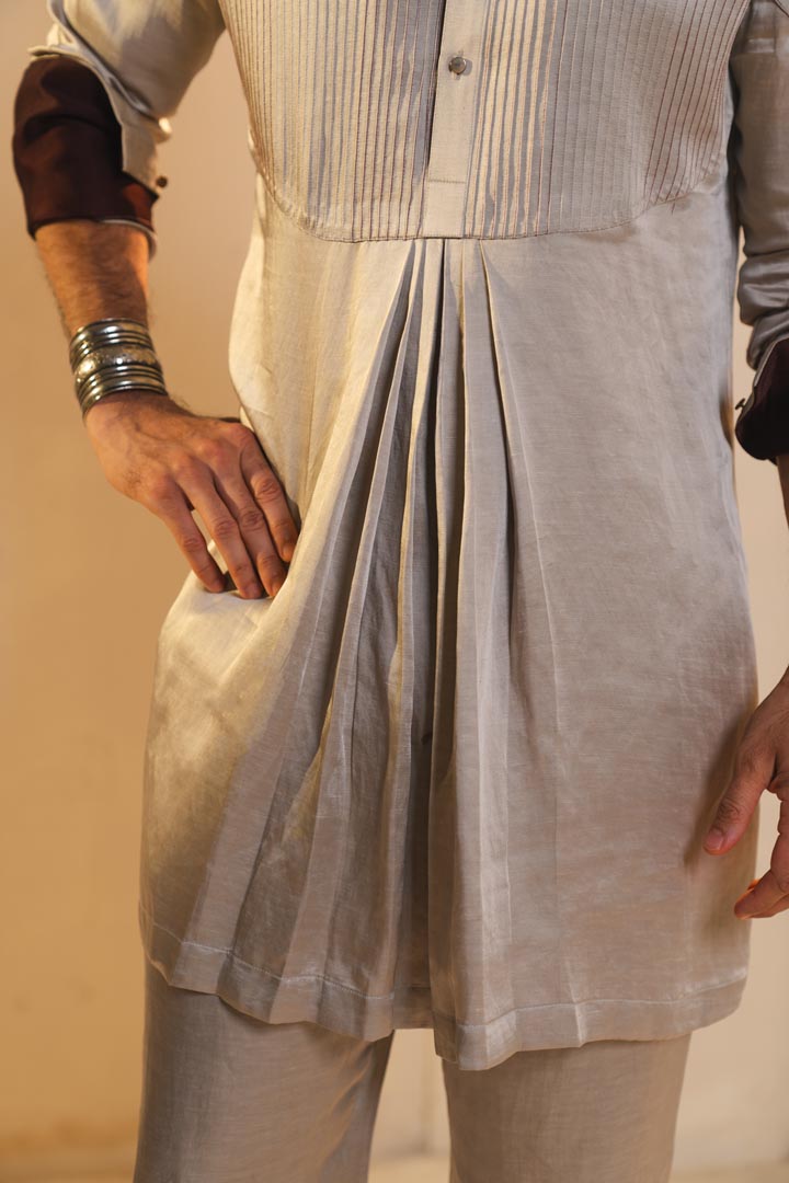 Silver pleated short kurta and trousers set