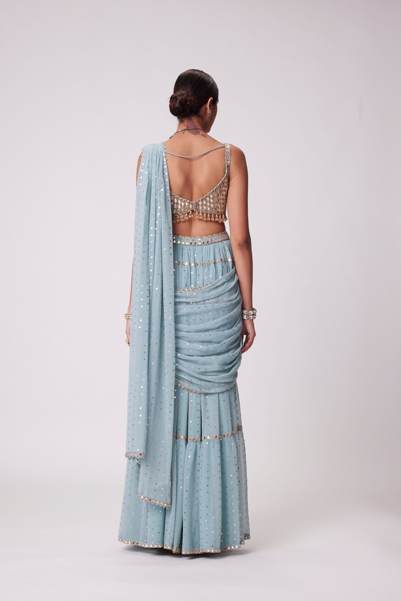 Image of POWDER BLUE MULTI TIER SAREE SET