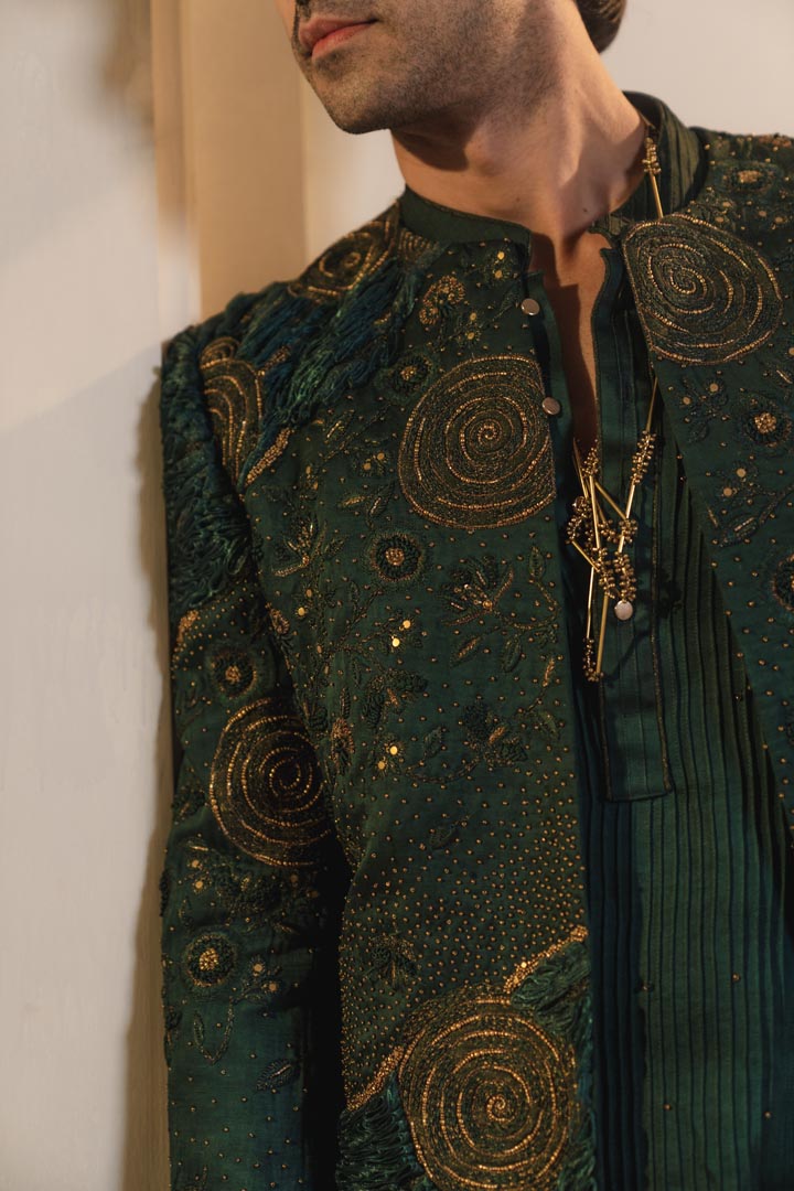 Forest Green hand embroidered short jacket set