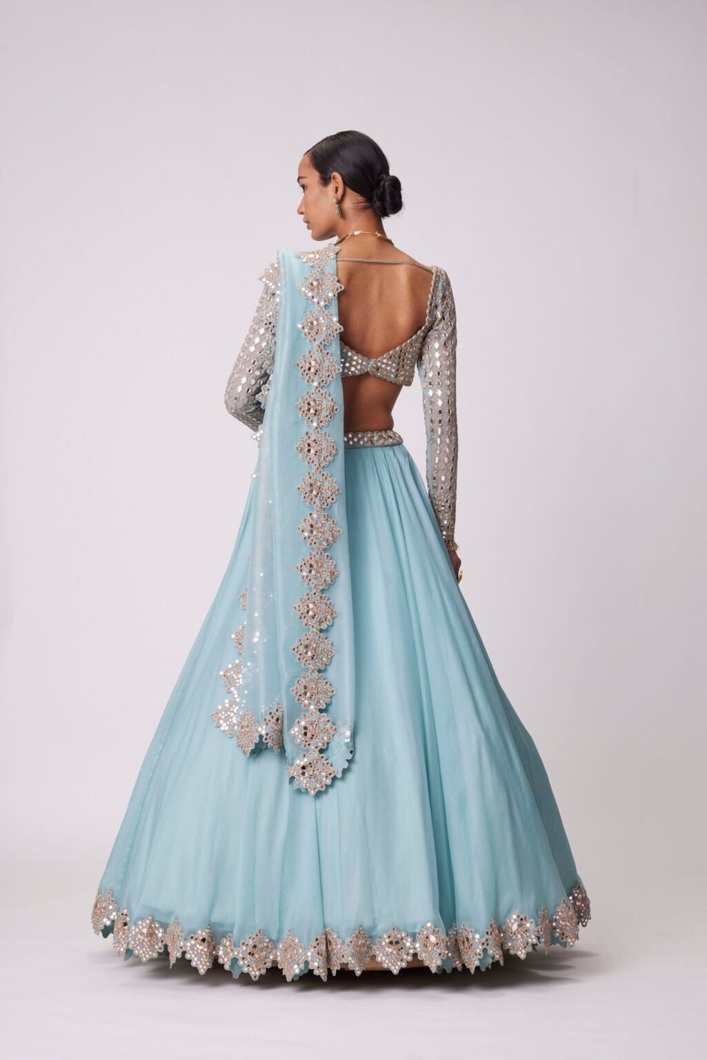 Image of POWDER BLUE ORGANZA MIRROR EMBROIDERED LEHENGA SET