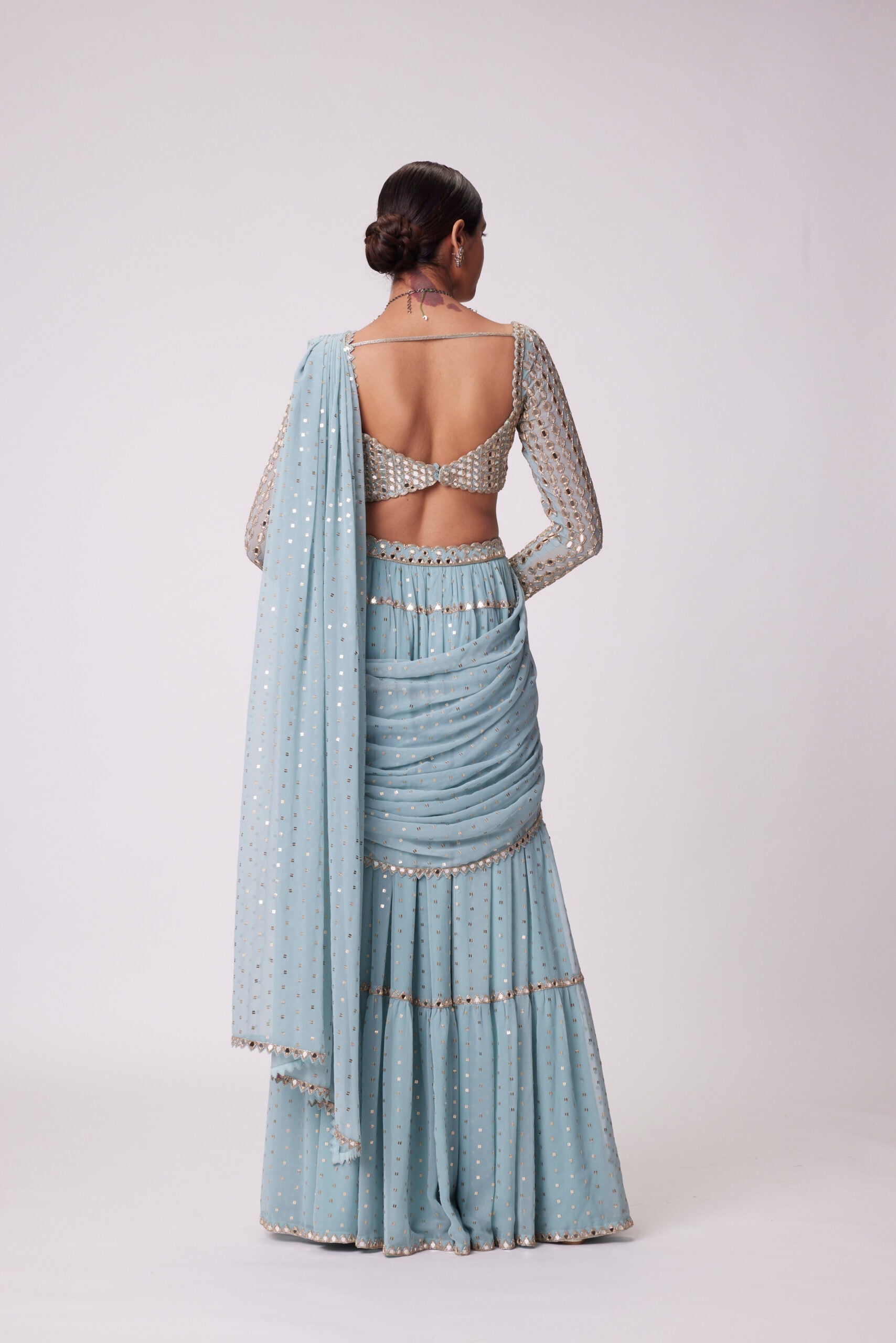 Image of POWDER BLUE MULTI TIER HAND EMBROIDERED SAREE SET