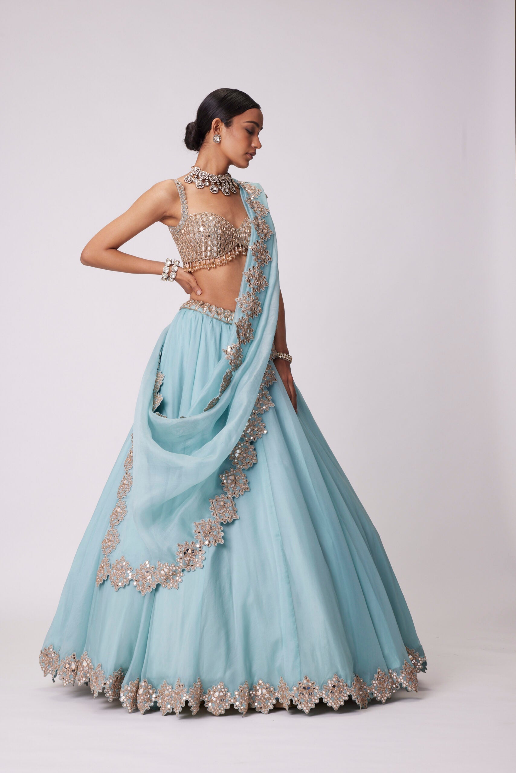 Image of POWDER BLUE ORGANZA HAND EMBROIDERED LEHENGA SET