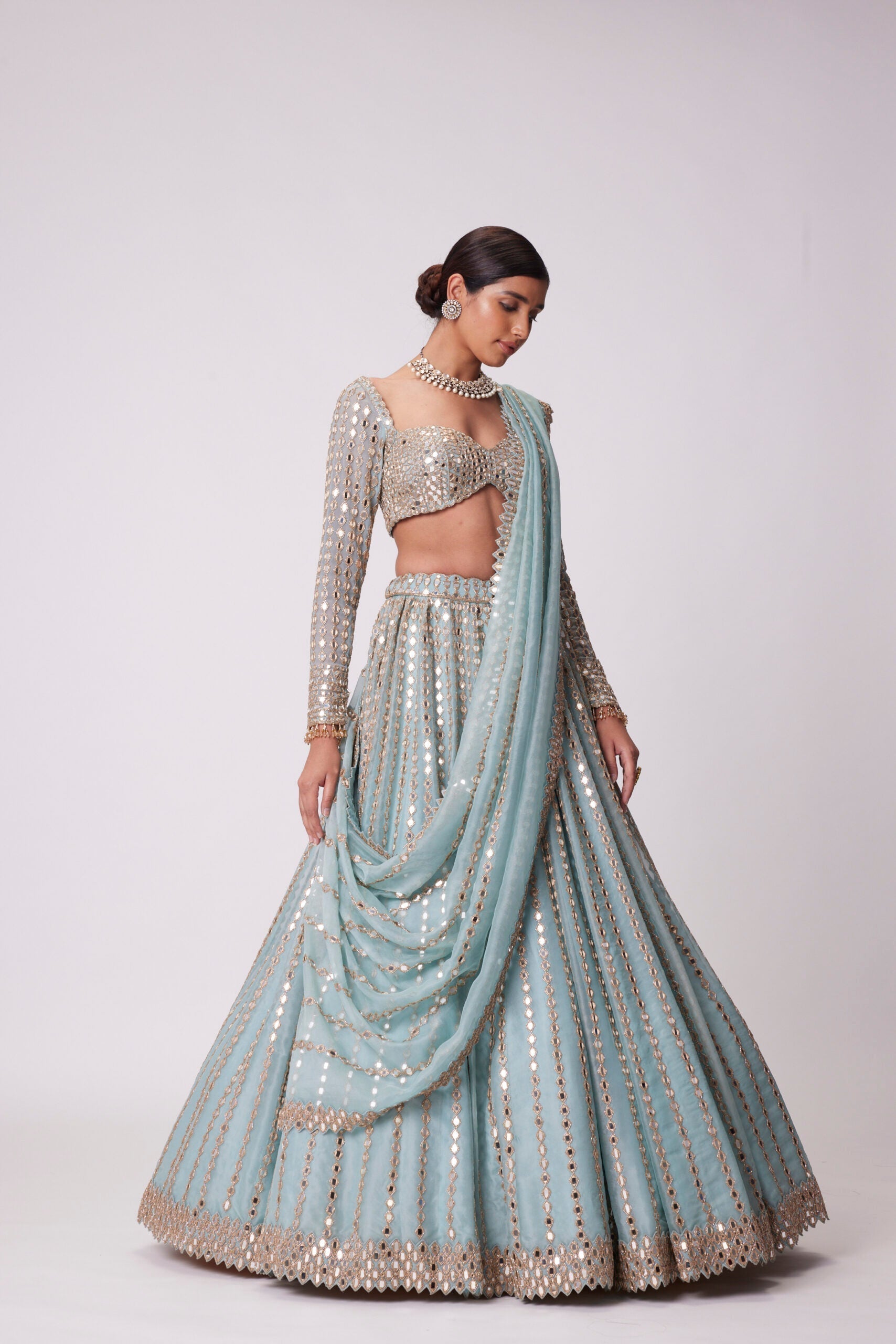 Image of POWDER BLUE LINEAR EMBROIDERED LEHENGA SET