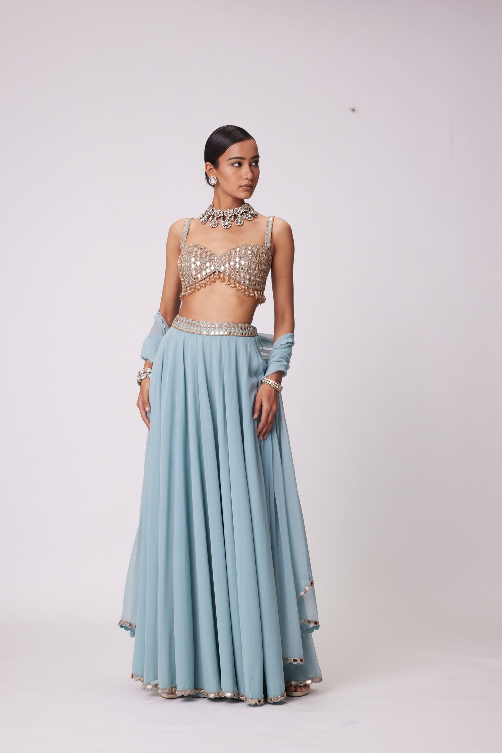 Image of POWDER BLUE MIRROR EMBROIDERED LEHENGA PANTS SET