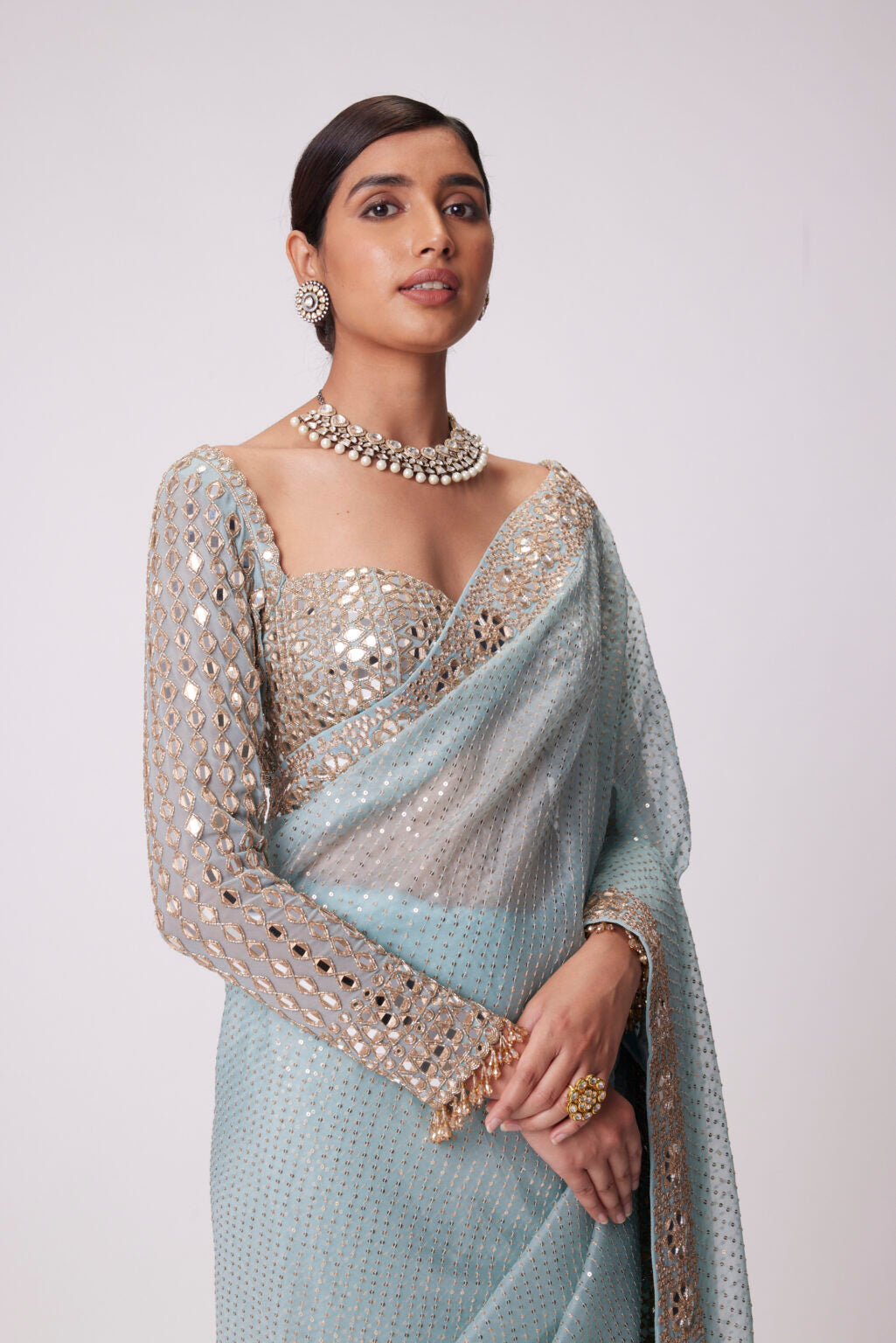 Image of POWDER BLUE ORGANZA SAREE SET