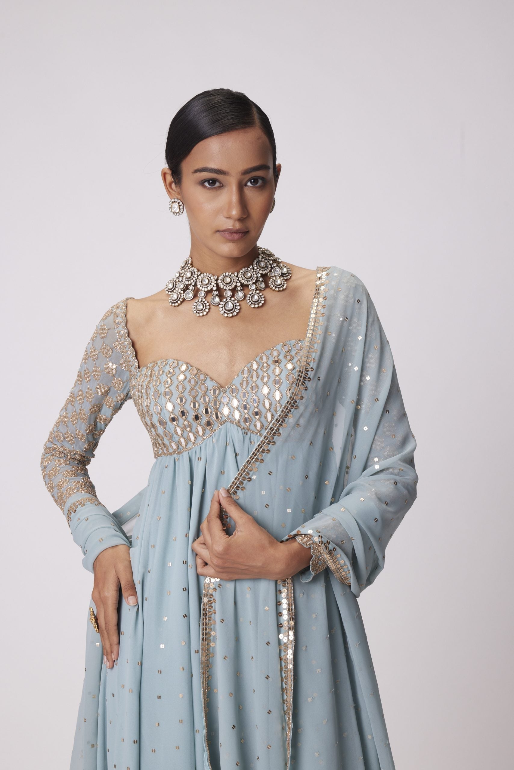 Image of POWDER BLUE HIGH LOW KURTA SET