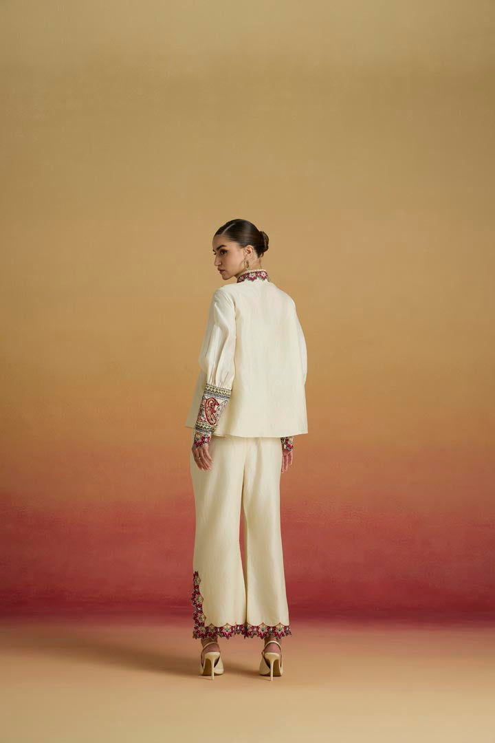 Ivory Paisley Applique Chanderi Pants with Slit Detail