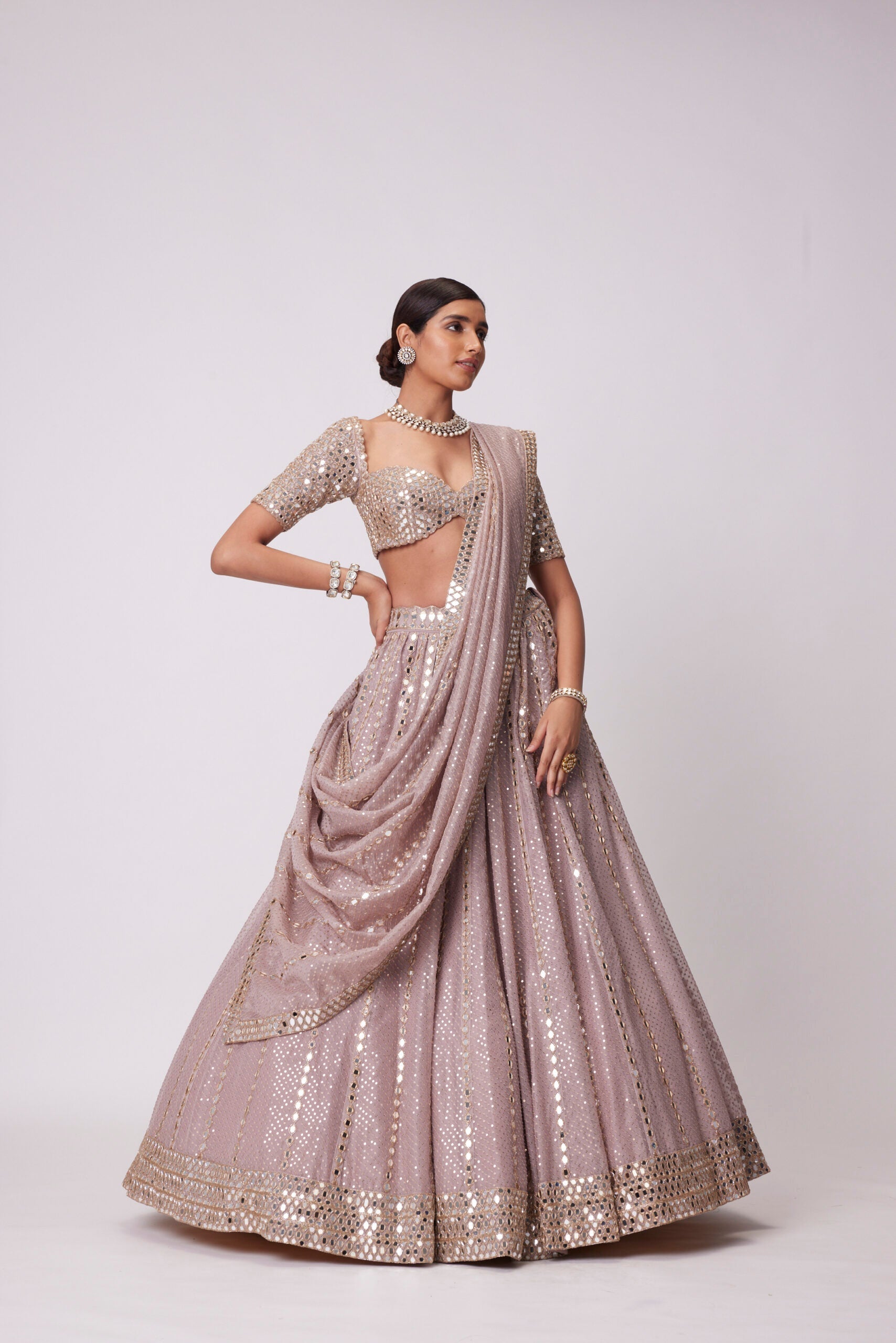 Image of ASH PINK SEQUIN EMBROIDERED LEHENGA SET