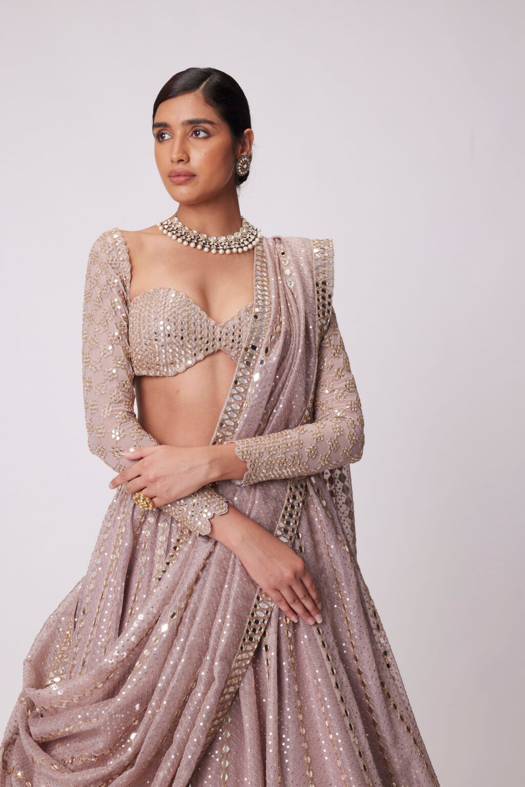 Image of ASH PINK SEQUIN AND MIRROR EMBROIDERED LEHENGA SET