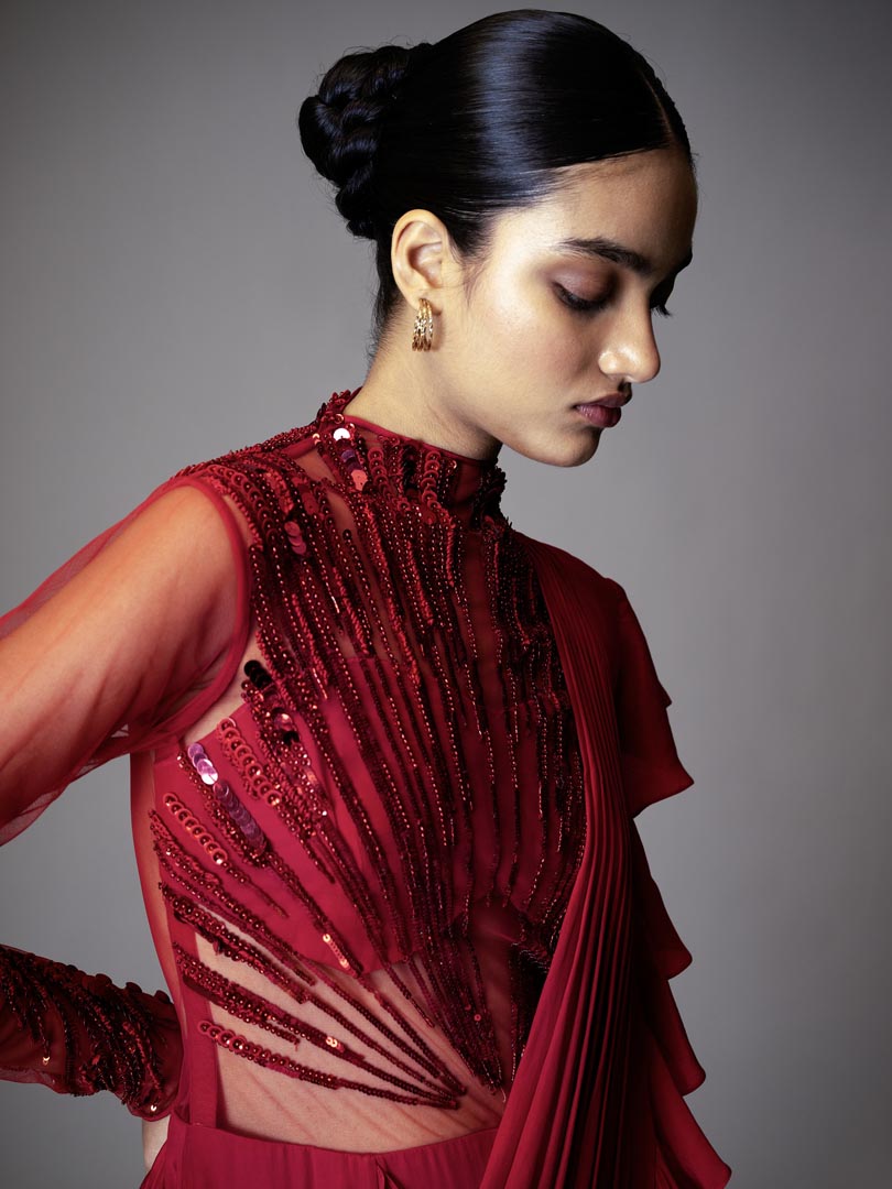 Fuchsia Pink Georgette Sequins 
Hand Embellished Gown Saree