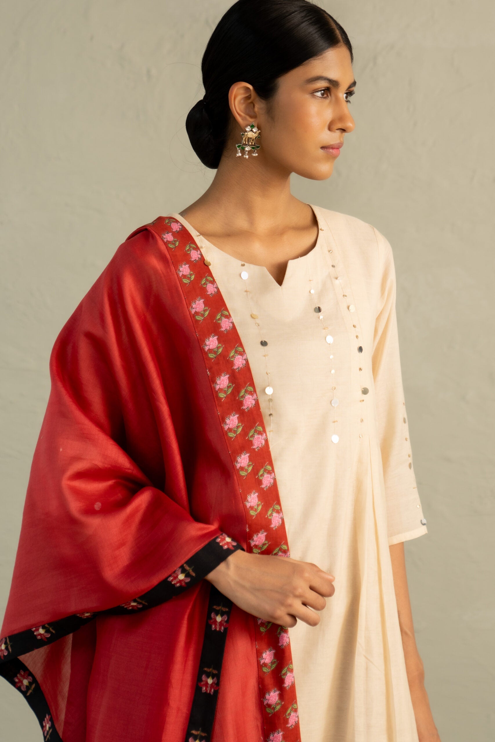 Beige Phool Dori Pleated Kurta Set