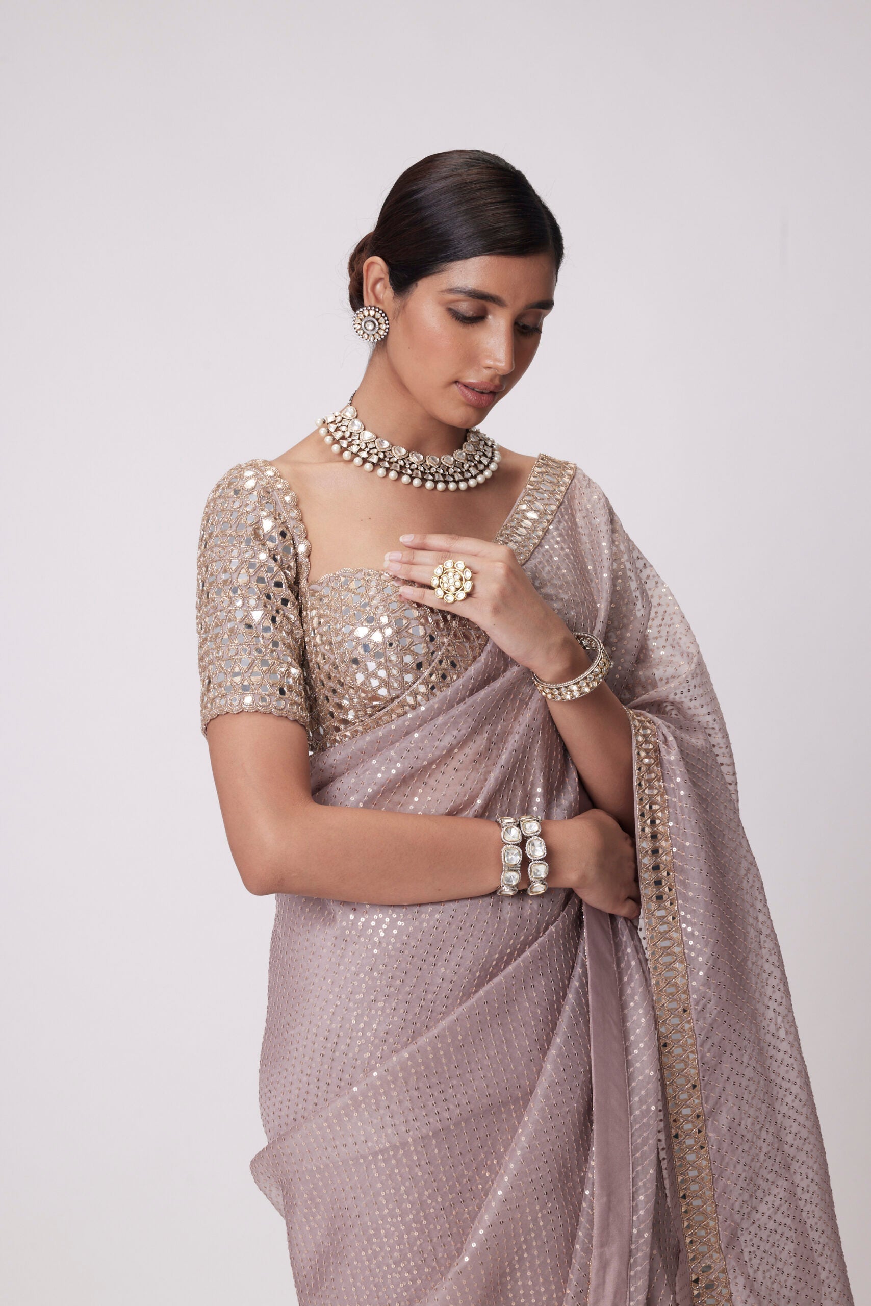 Image of ASH PINK ORGANZA SAREE SET