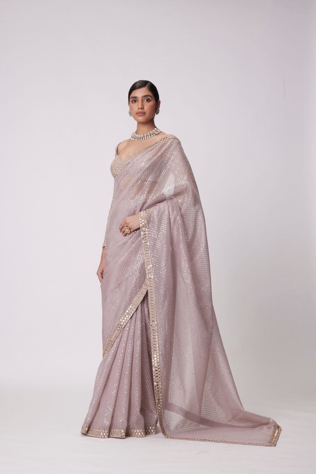 Image of ASH PINK HAND EMBROIDERED ORGANZA SAREE SET