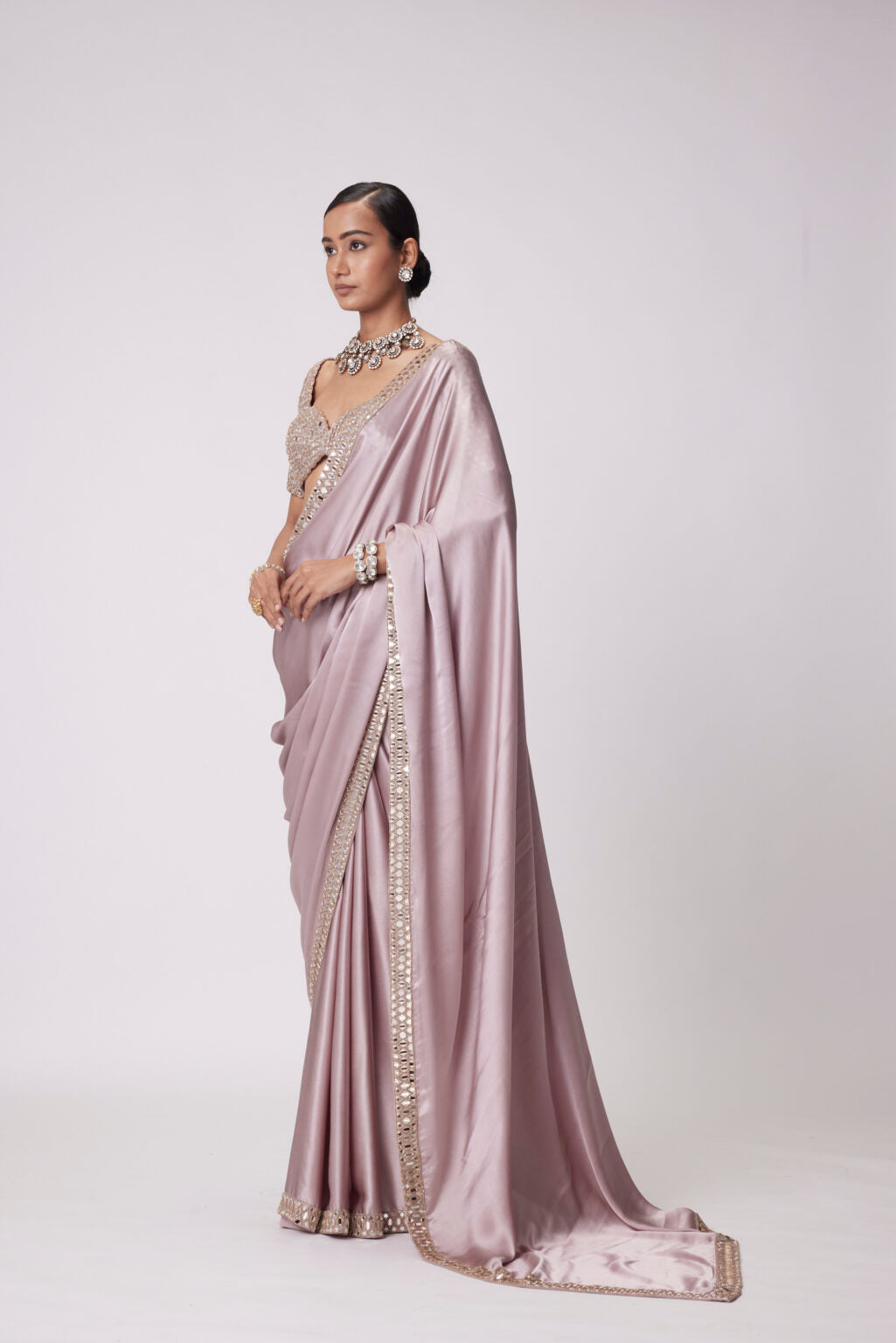 Image of ASH PINK SATIN SAREE SET