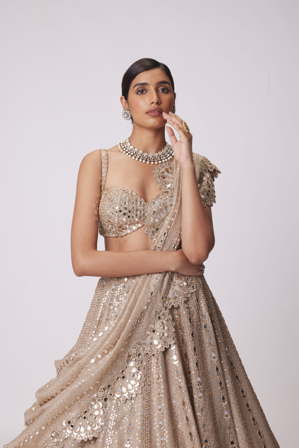 Image of LIGHT BEIGE SEQUIN EMBROIDERED LEHENGA SET