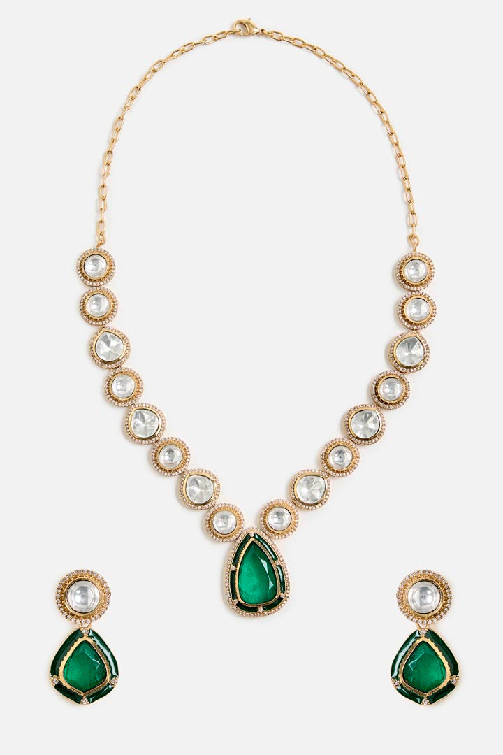 Classic Green Kundan Pendant Necklace with Earrings