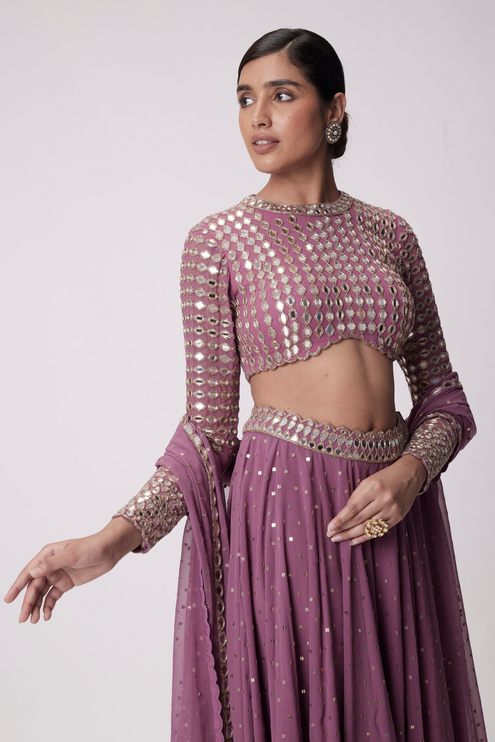 Image of MUD  MAUVE HAND EMBROIDERED LEHENGA PANTS SET