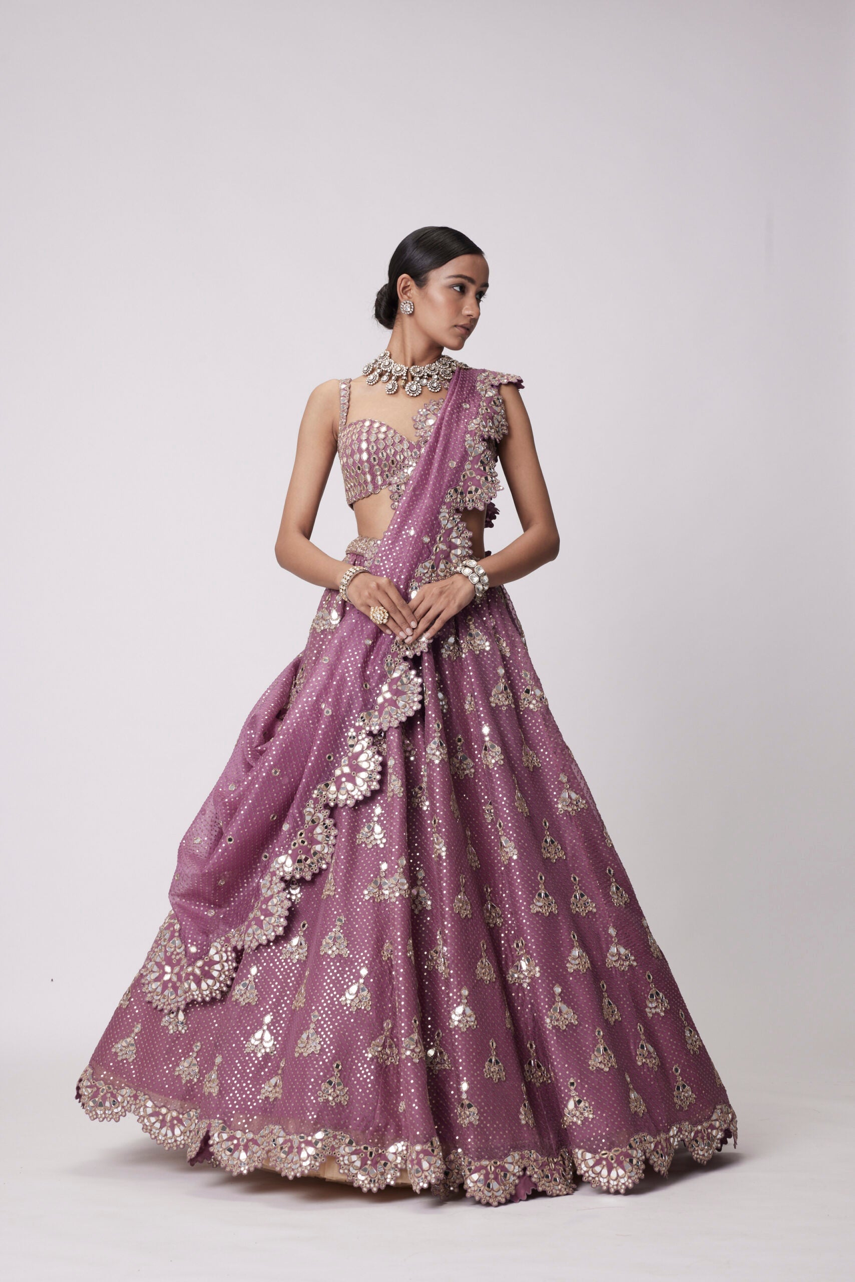 Image of MUD  MAUVE SEQUIN EMBROIDERED LEHENGA SET