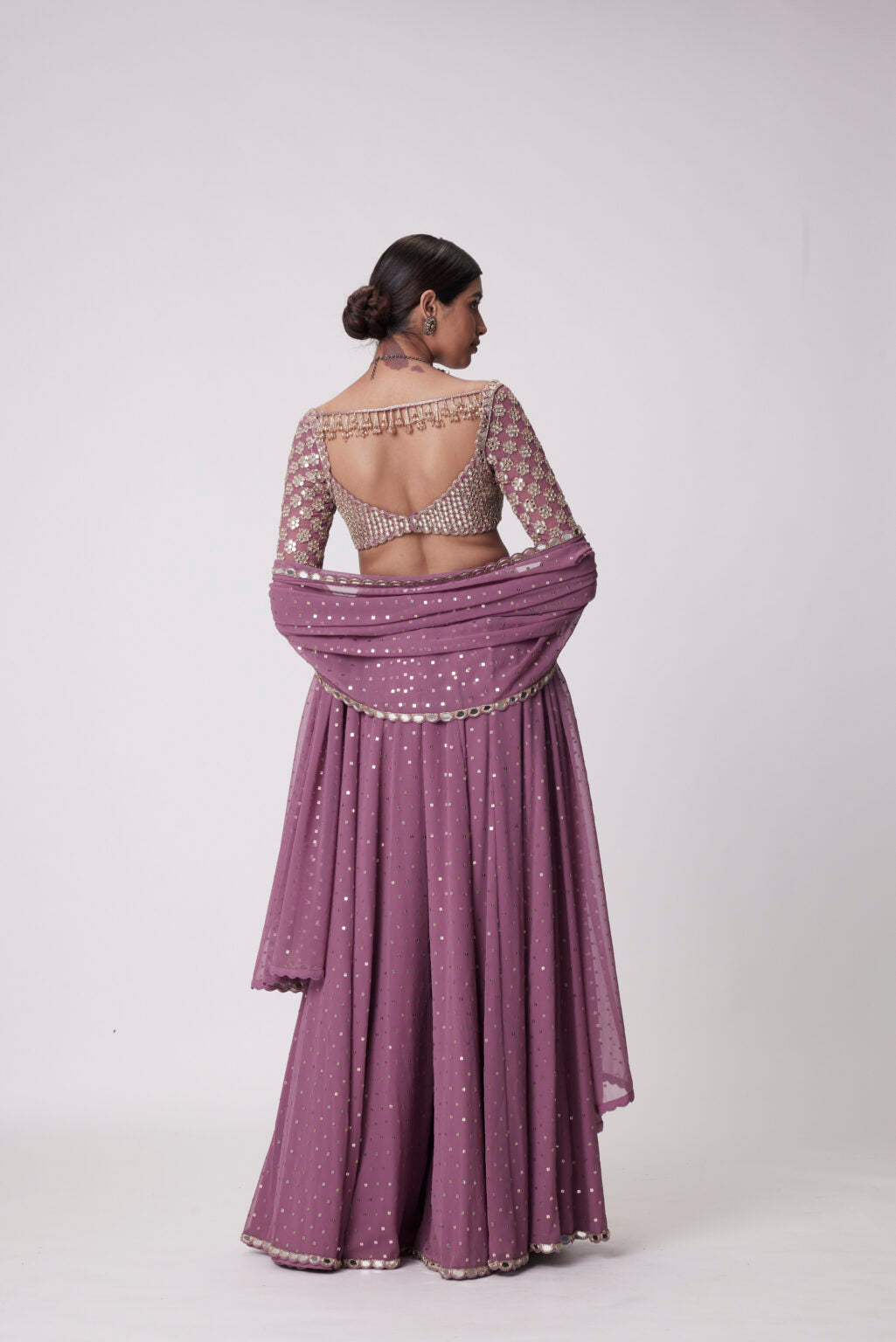 Image of MUD  MAUVE MIRROR EMBROIDERED LEHENGA PANTS SET