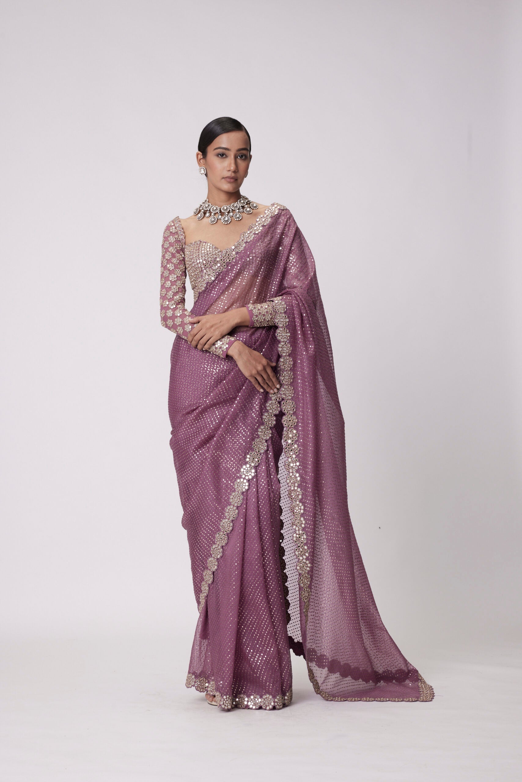 Image of MUD  MAUVE HAND EMBROIDERED ORGANZA SAREE SET