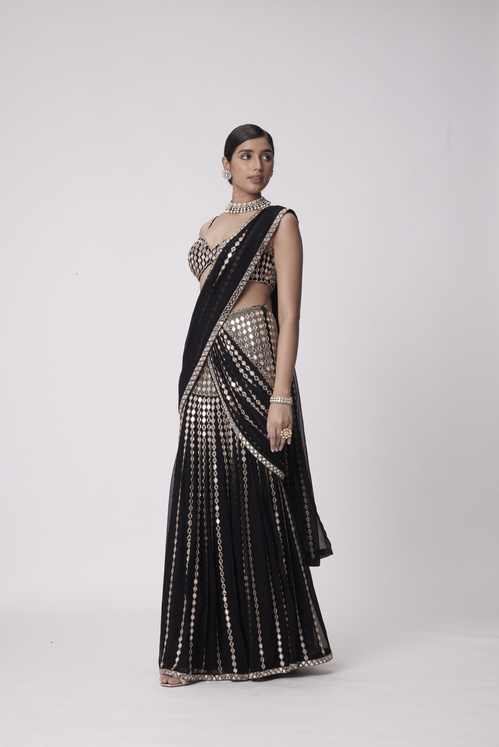 Image of BLACK PRE DRAPED SAREE SET