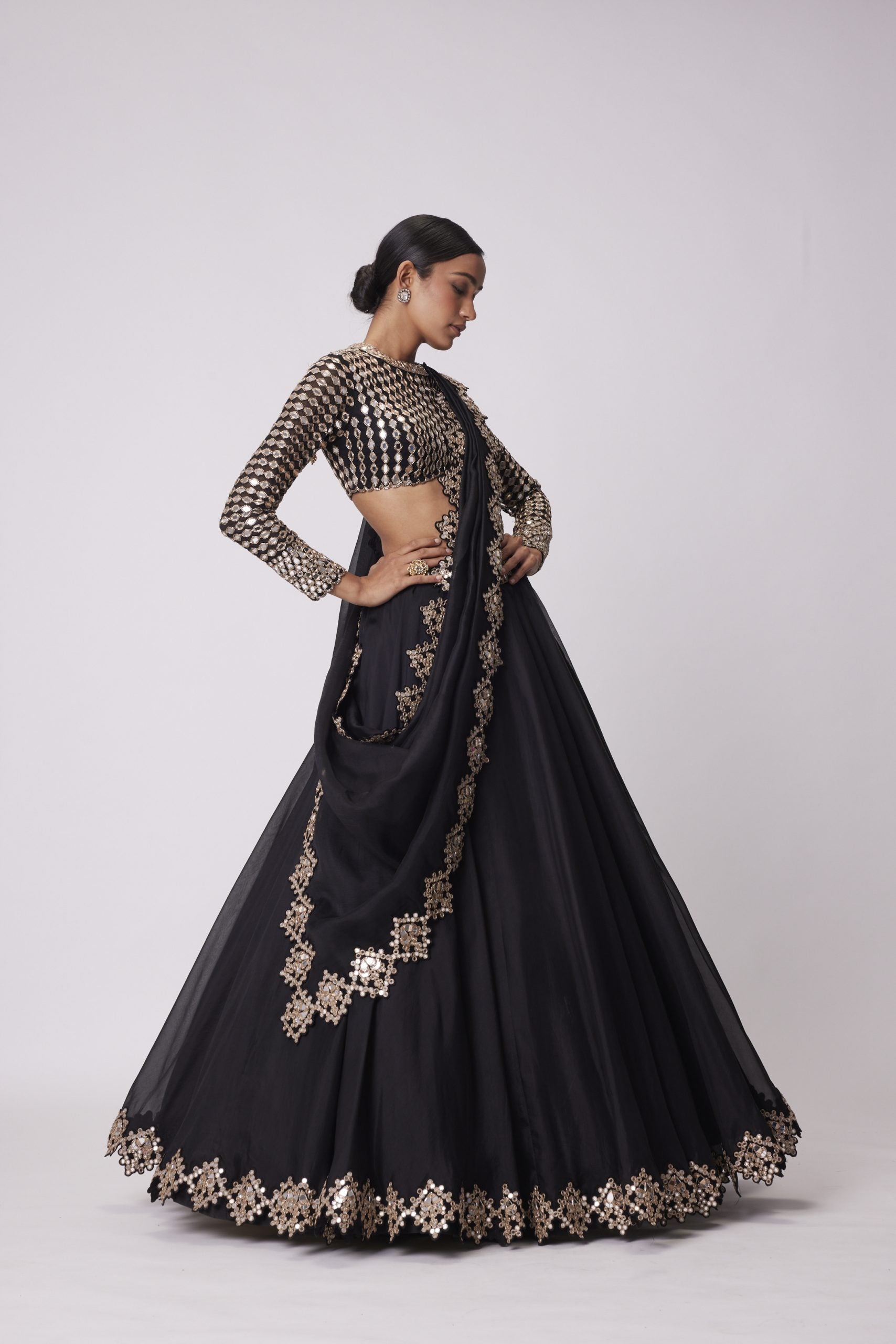 Image of BLACK ORGANZA MIRROR EMBROIDERED LEHENGA SET