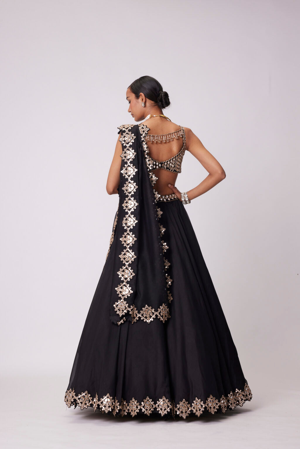 Image of BLACK ORGANZA HAND EMBROIDERED LEHENGA SET