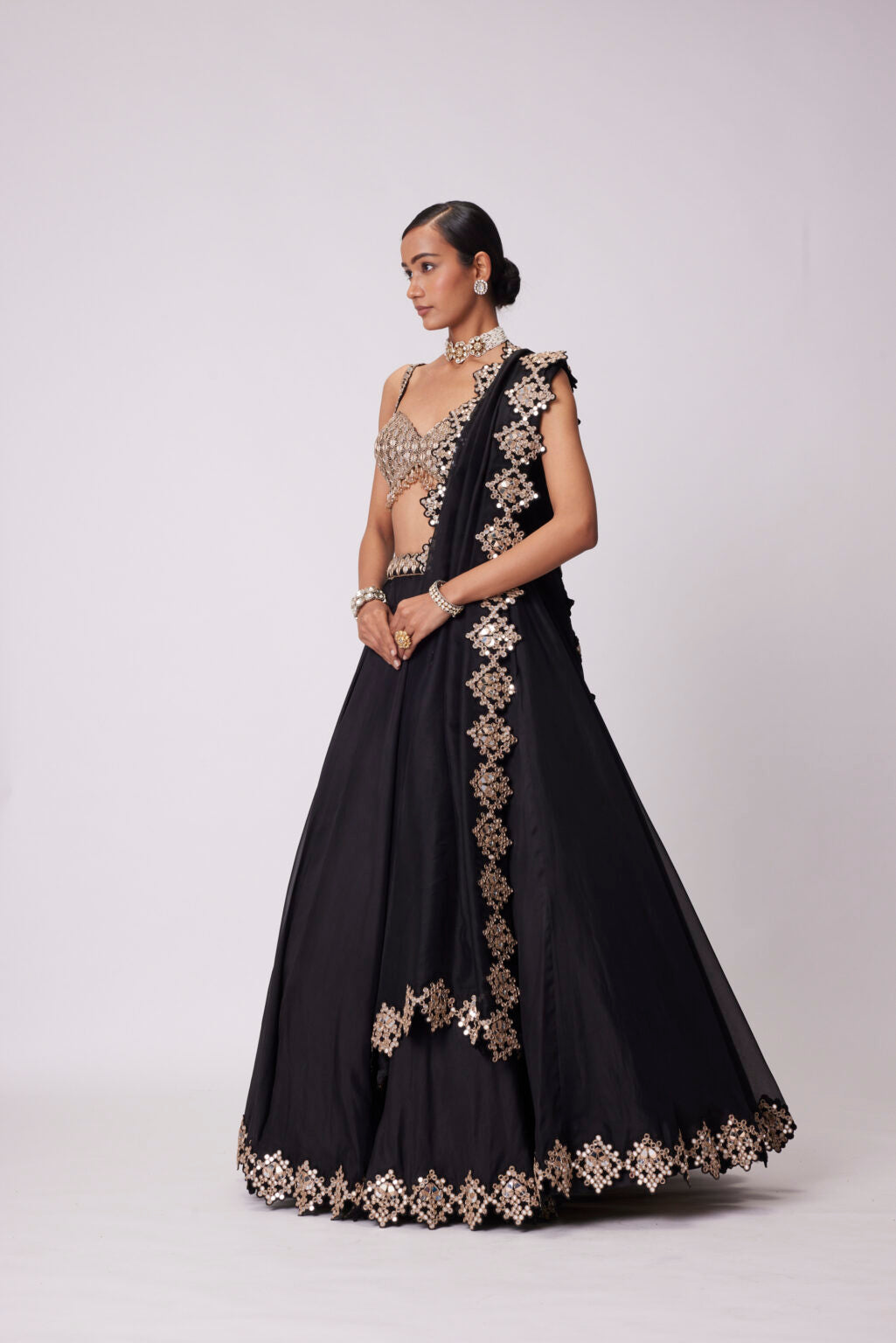 Image of BLACK ORGANZA LEHENGA SET