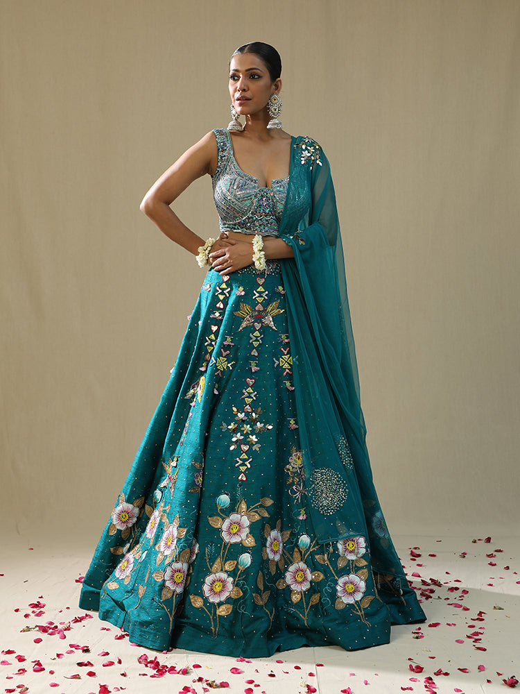 Teal green handpainted Lehnga set