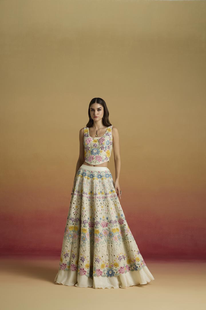 Ivory Pastel Floral Threadwork Chanderi Corset for Luxury Occasions