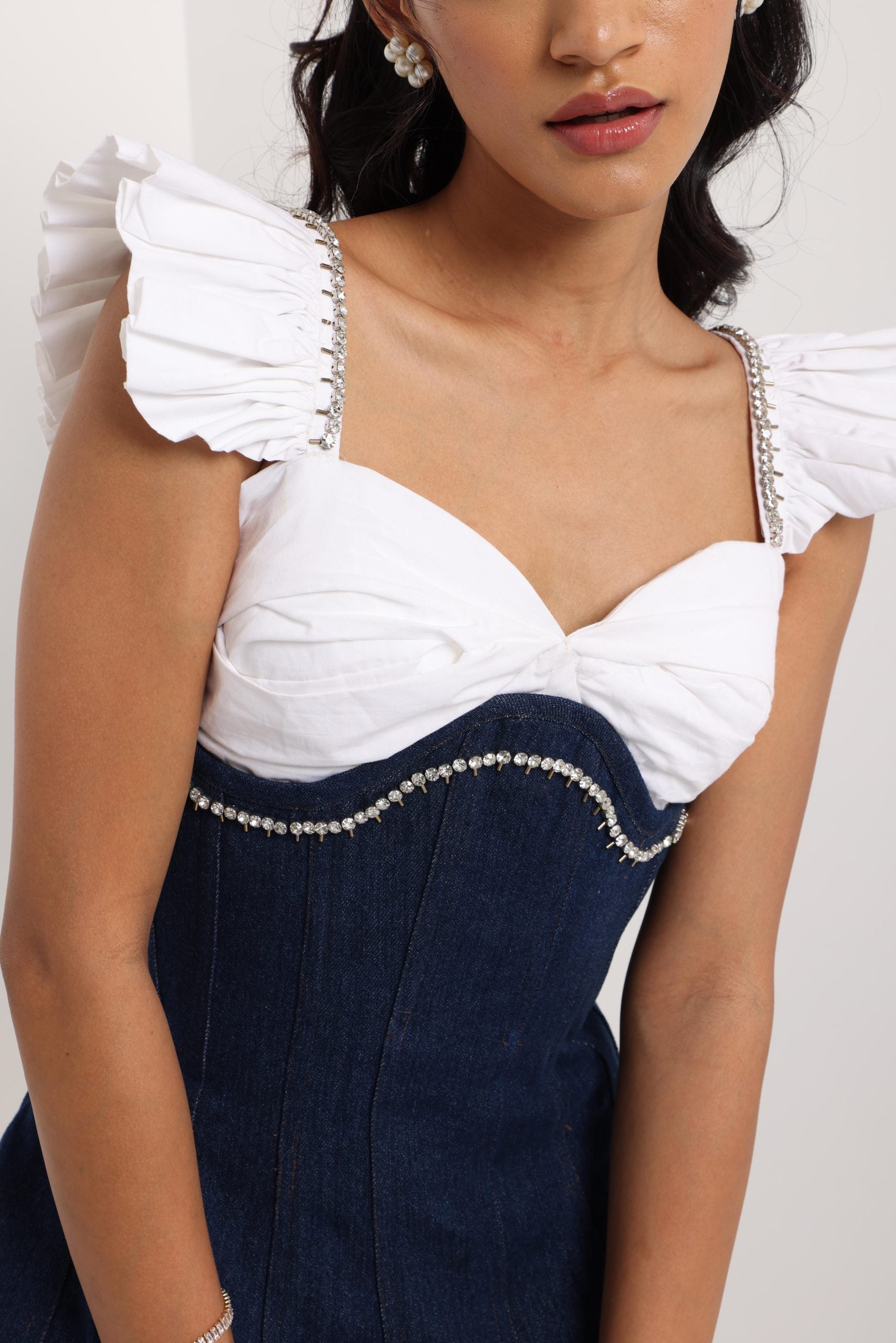 Corset mini skirt with ruffle sleeves top